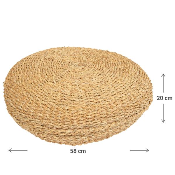 Sitzpouf gross aus Schilf - Rundes Bodenkissen für gemütliche Sitzecken - Natur 58x58x20cm - Skandinavisch Boho Vintage Landhaus