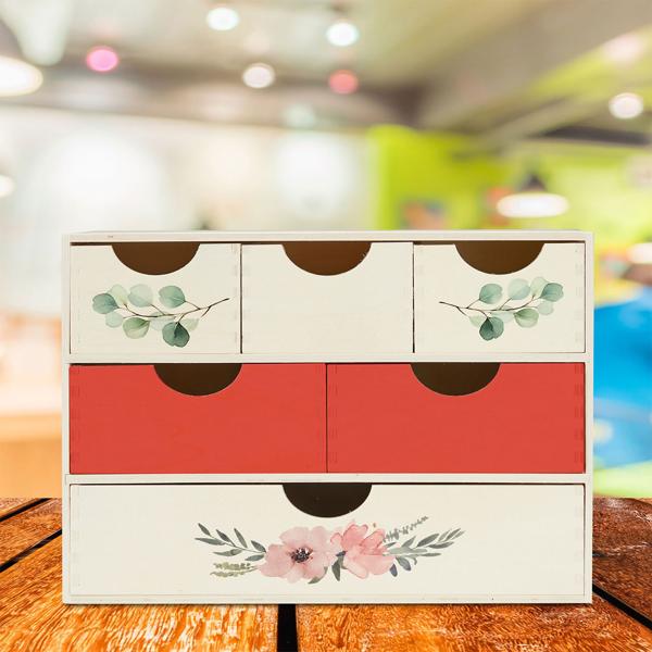 Schubladenbox Holz mit 6 Fächern - Kreativ gestalten & bemalen - Ordnungsbox für Kleinutensilien in Bastelecke, Werkstatt, Büro - H 28 x B 40 x T 20 cm