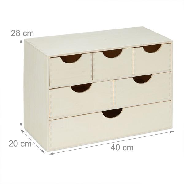 Schubladenbox Holz mit 6 Fächern - Kreativ gestalten & bemalen - Ordnungsbox für Kleinutensilien in Bastelecke, Werkstatt, Büro - H 28 x B 40 x T 20 cm