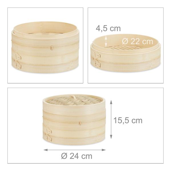 Bambusdampfkorb - 2-lagiger Dampfgarer für gesunde Küche - Schonendes Kochen von Reis, Gemüse, Dumplings, Lachs & Frühlingsrollen - Ø 24 cm