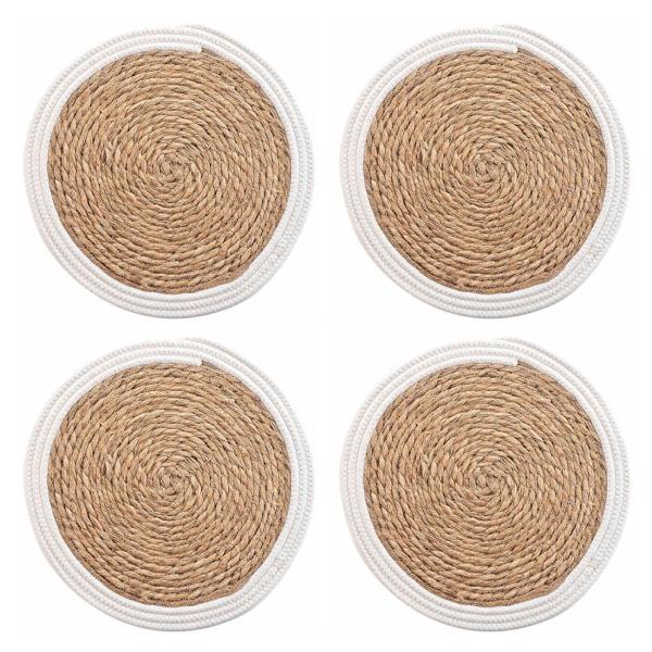 4er Tischsets aus Stroh-Geflecht - Platzdeckchen mit eleganter Baumwollumrandung - Braun/Weiss, Ø 38cm - Stabiler & langlebiger Schutz für Ess-/Couchtische