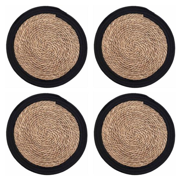 4er Tischsets rund aus Stroh-Geflecht mit Baumwoll-Umrandung - Eleganter Tischschutz gegen Kratzer & Flecken - Ø 38cm braun-schwarz