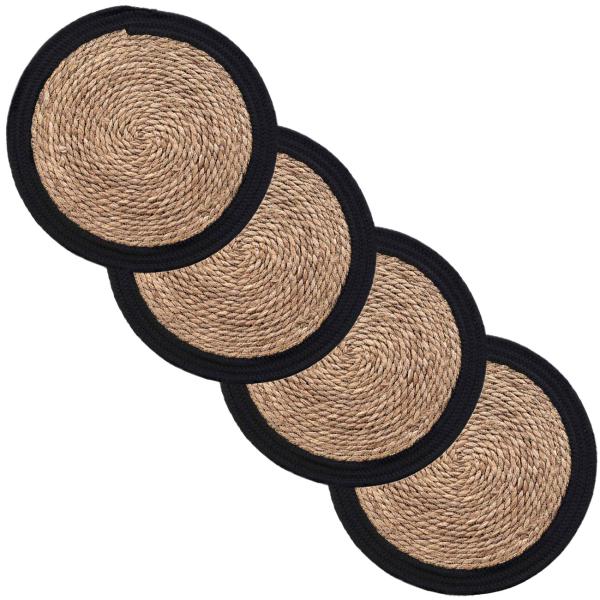 4er Tischsets rund aus Stroh-Geflecht mit Baumwoll-Umrandung - Eleganter Tischschutz gegen Kratzer & Flecken - Ø 38cm braun-schwarz