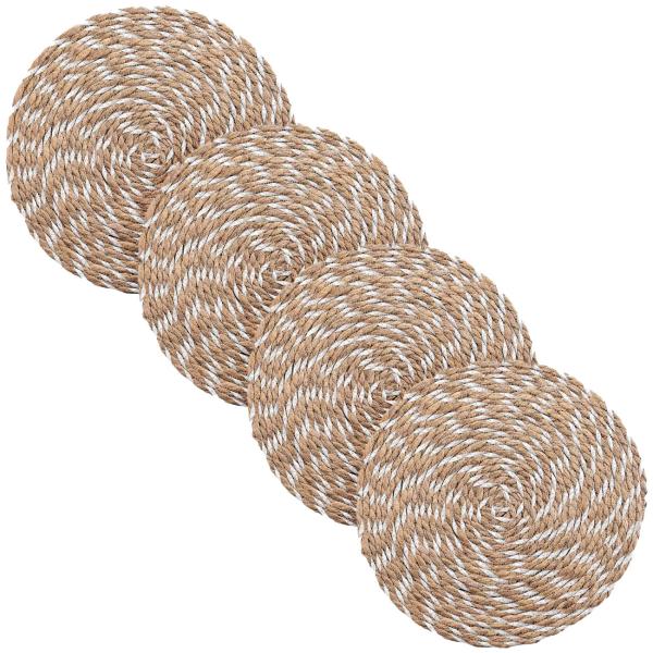 4er Tischsets aus Stroh- & Polyester-Geflecht - Platzdeckchen rund braun/weiss Ø 38 cm - schützt Oberflächen vor Kratzern & Flecken- strapazierfähig