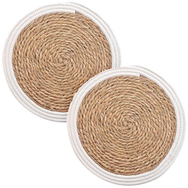 2er Stroh-Geflecht Tischsets - Platzdeckchen mit Baumwolle Umrandung - Rund Ø 38 cm - Braun-Weiss - Schutz vor Kratzern & Flecken - Stabil & langlebig