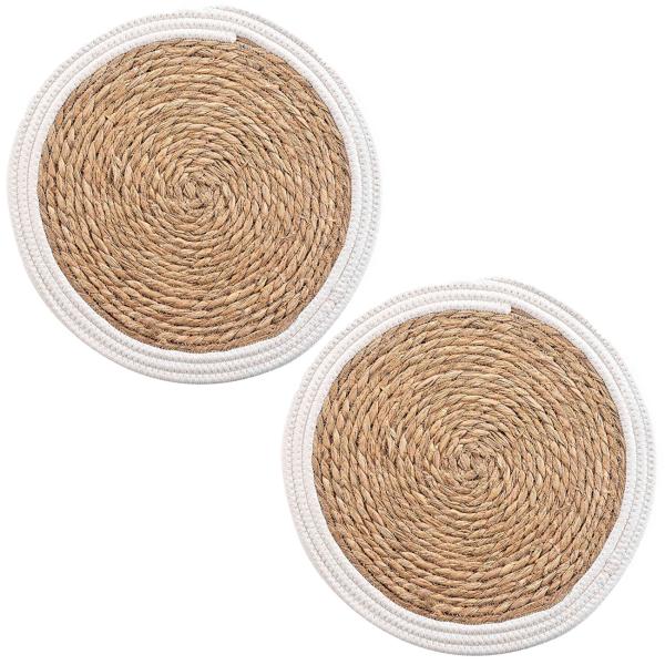 2er Stroh-Geflecht Tischsets - Platzdeckchen mit Baumwolle Umrandung - Rund Ø 38 cm - Braun-Weiss - Schutz vor Kratzern & Flecken - Stabil & langlebig