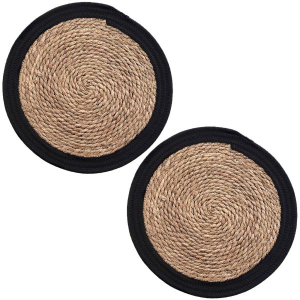 2er Tischsets Stroh-Geflecht - Platzdeckchen mit Baumwollrand braun/schwarz Ø 38cm - Eleganter Schutz für Ess-/Couchtische - Stabil & langlebig