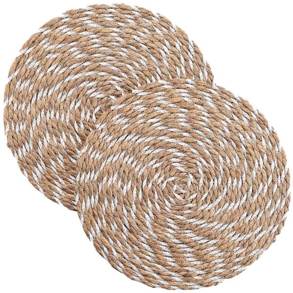 2er Tischsets aus Stroh-Polyester-Geflecht - Rundes Platzdeckchen für Esstisch - Braun-Weiss, Ø 38 cm - Schutz vor Kratzern & Flecken