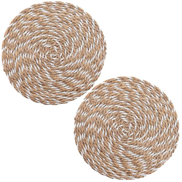 2er Tischsets aus Stroh-Polyester-Geflecht - Rundes Platzdeckchen für Esstisch - Braun-Weiss, Ø 38 cm - Schutz vor Kratzern & Flecken