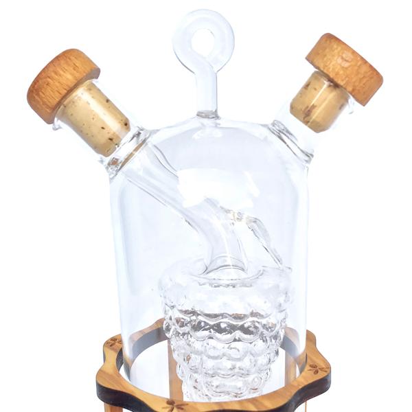 Öl- & Essigspender 2in1 - Glas & Olivenholz Ständer - Mediterranes Design, 2 Kammern, Öl 250ml/Essig 125ml - 20x9cm - Handgefertigt aus Italien
