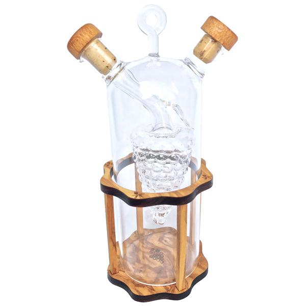 Öl- & Essigspender 2in1 - Glas & Olivenholz Ständer - Mediterranes Design, 2 Kammern, Öl 250ml/Essig 125ml - 20x9cm - Handgefertigt aus Italien