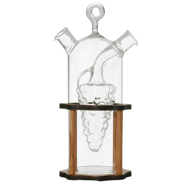 Öl- & Essigspender 2in1 - Glas & Olivenholz Ständer - Mediterranes Design, 2 Kammern, Öl 250ml/Essig 125ml - 20x9cm - Handgefertigt aus Italien