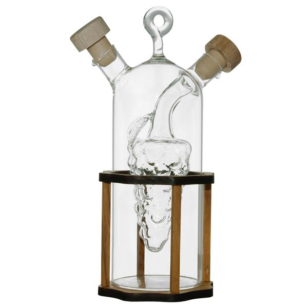 Öl- & Essigspender 2in1 - Glas & Olivenholz Ständer - Mediterranes Design, 2 Kammern, Öl 250ml/Essig 125ml - 20x9cm - Handgefertigt aus Italien