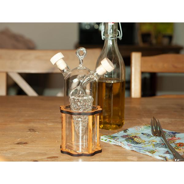 Öl- & Essigspender 2in1 - Glas & Olivenholz Ständer - Mediterranes Design, 2 Kammern, Öl 250ml/Essig 125ml - 20x9cm - Handgefertigt aus Italien