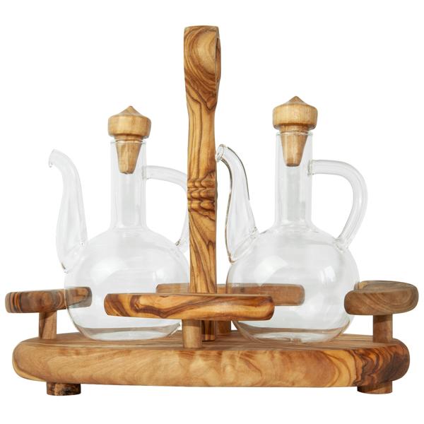 Olivenholz Menage - Handgefertigt - Öl- & Essigspender mit Glasflaschen & Holzdeckel - 19x22x11cm - Mediterranes Design & Geschenkidee
