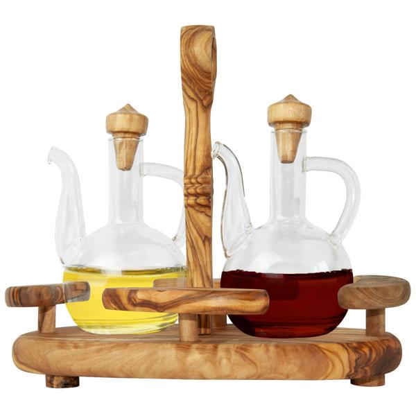 Olivenholz Menage - Handgefertigt - Öl- & Essigspender mit Glasflaschen & Holzdeckel - 19x22x11cm - Mediterranes Design & Geschenkidee