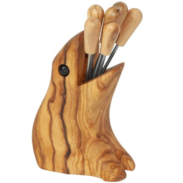 Olivenholz Frosch-Halter mit Cocktailgabeln - Ideal für Antipasti Fingerfood auf Partys & Festen - Handgefertigt in Italien - B12xH8cm