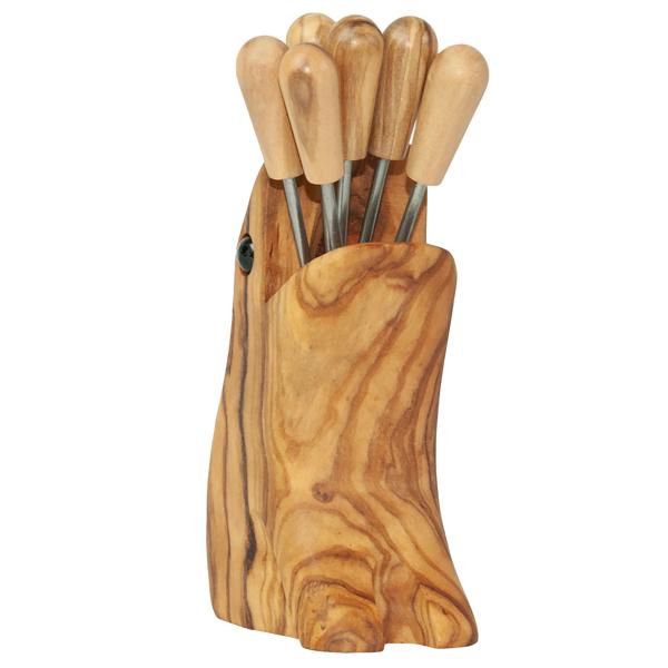 Olivenholz Frosch-Halter mit Cocktailgabeln - Ideal für Antipasti Fingerfood auf Partys & Festen - Handgefertigt in Italien - B12xH8cm