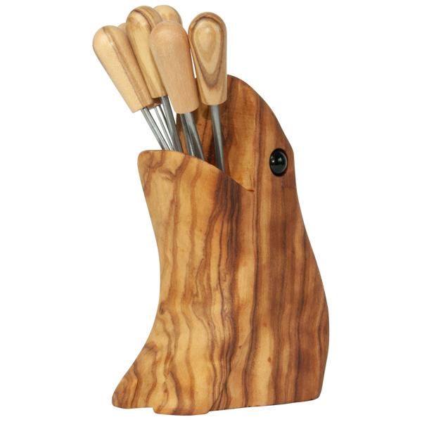 Olivenholz Frosch-Halter mit Cocktailgabeln - Ideal für Antipasti Fingerfood auf Partys & Festen - Handgefertigt in Italien - B12xH8cm
