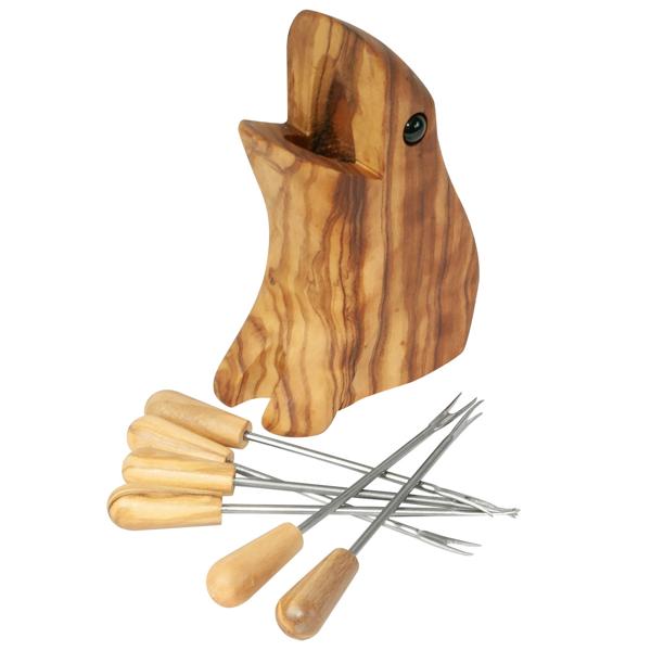 Olivenholz Frosch-Halter mit Cocktailgabeln - Ideal für Antipasti Fingerfood auf Partys & Festen - Handgefertigt in Italien - B12xH8cm