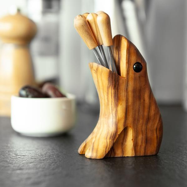 Olivenholz Frosch-Halter mit Cocktailgabeln - Ideal für Antipasti Fingerfood auf Partys & Festen - Handgefertigt in Italien - B12xH8cm