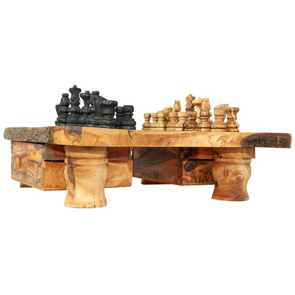 Schachbrett Olivenholz – Erhöht mit Figuren & Schublade – Exklusives Brett Made in Italy – 30x30cm – Handgefertigt, geölt, Naturmaserung