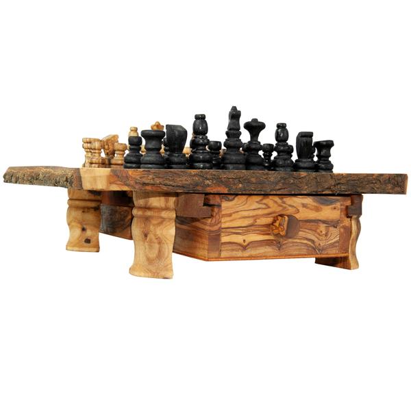 Schachbrett Olivenholz – Erhöht mit Figuren & Schublade – Exklusives Brett Made in Italy – 30x30cm – Handgefertigt, geölt, Naturmaserung