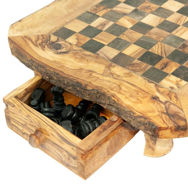 Schachbrett Olivenholz – Erhöht mit Figuren & Schublade – Exklusives Brett Made in Italy – 30x30cm – Handgefertigt, geölt, Naturmaserung