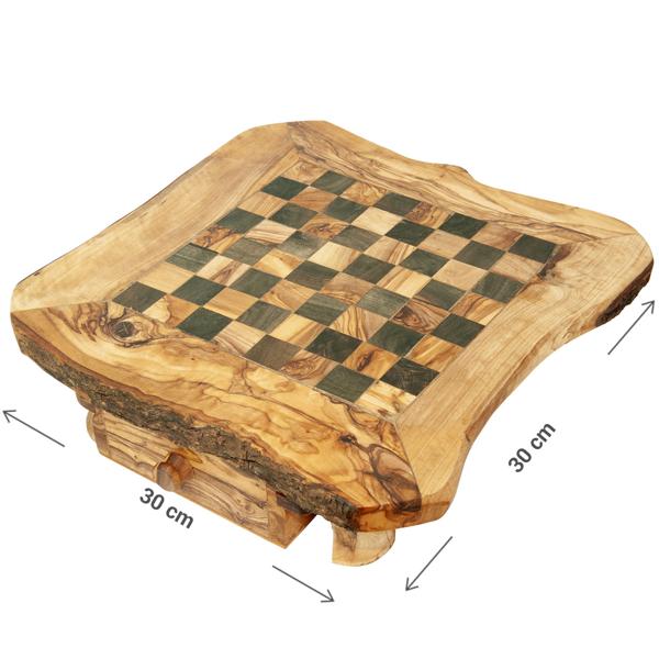 Schachbrett Olivenholz – Erhöht mit Figuren & Schublade – Exklusives Brett Made in Italy – 30x30cm – Handgefertigt, geölt, Naturmaserung