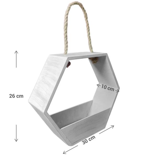 Deko-Korb Bienenwabenform mit Seilaufhängung - Vielseitig einsetzbar für Pflanzen & Geschenke - Holz (MDF) - Shabby Chic Weiss - 30x10x26cm