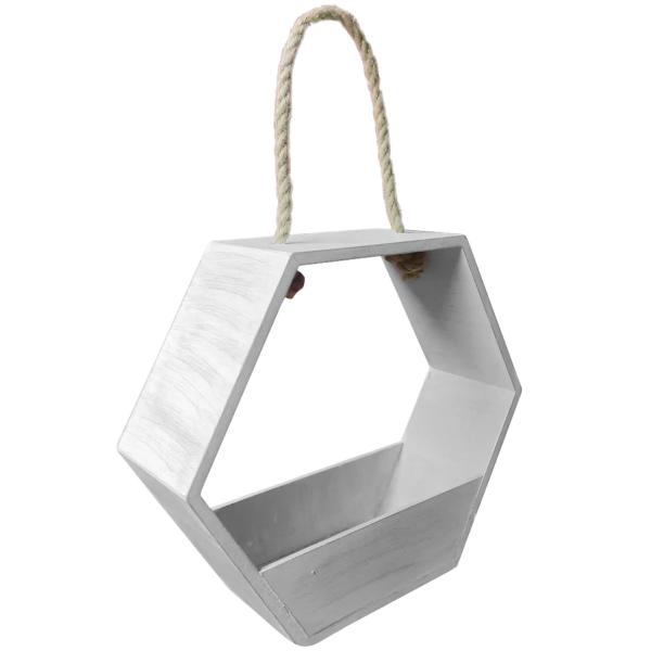 Deko-Korb Bienenwabenform mit Seilaufhängung - Vielseitig einsetzbar für Pflanzen & Geschenke - Holz (MDF) - Shabby Chic Weiss - 30x10x26cm