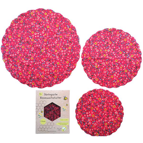 Bienenwachstücher 3er Set - Wiederverwendbare Alternative zu Frischhaltefolie für frische Lebensmittel - Rund, Rot mit Blumen-Muster, 33/25/20cm