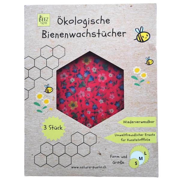 Bienenwachstücher 3er Set - Wiederverwendbare Alternative zu Frischhaltefolie für frische Lebensmittel - Rund, Rot mit Blumen-Muster, 33/25/20cm