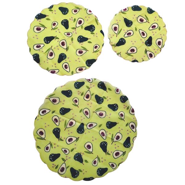 Bienenwachstücher 3er Set - Rundes Avocado-Design Grün-Gelb - Nachhaltige & wiederverwendbare Alternative für frische Lebensmittel im Kühlschrank - 33/25/20cm