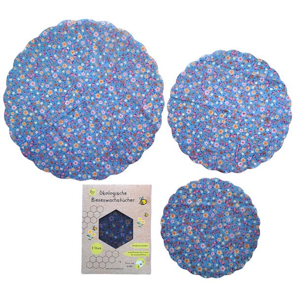 Bienenwachstücher 3er-Set - Frische Lebensmittel, nachhaltig & wiederverwendbar - Runde Form, blaues Blumendesign, 33/25/20cm – Umweltfreundlich