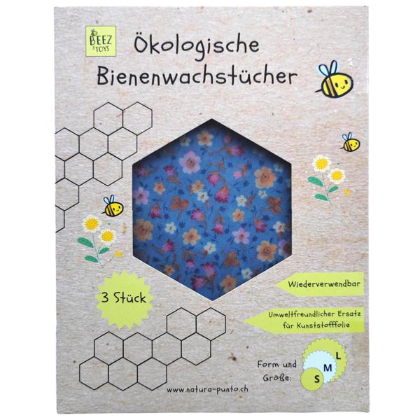 Bienenwachstücher 3er-Set - Frische Lebensmittel, nachhaltig & wiederverwendbar - Runde Form, blaues Blumendesign, 33/25/20cm – Umweltfreundlich