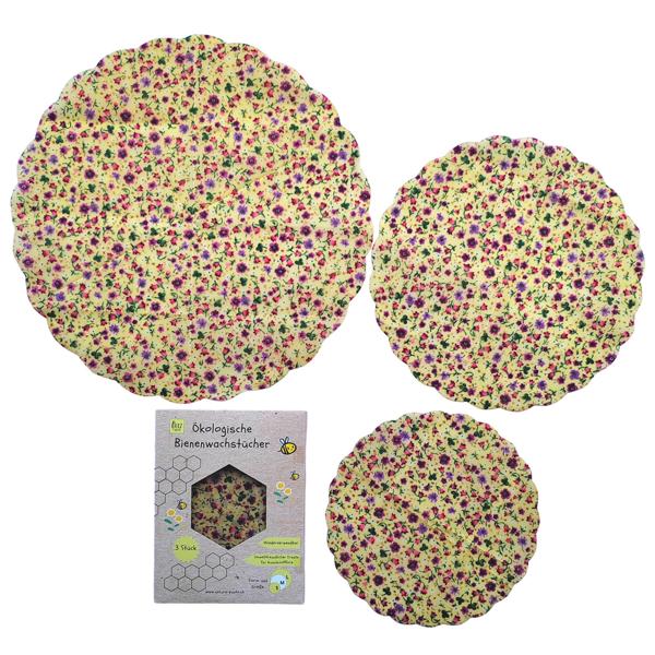 Bienenwachstücher 3er Set rund - gelbes Blumen-Design - Wiederverwendbar & Langlebig - Umweltfreundliche Frischhaltefolien-Alternative