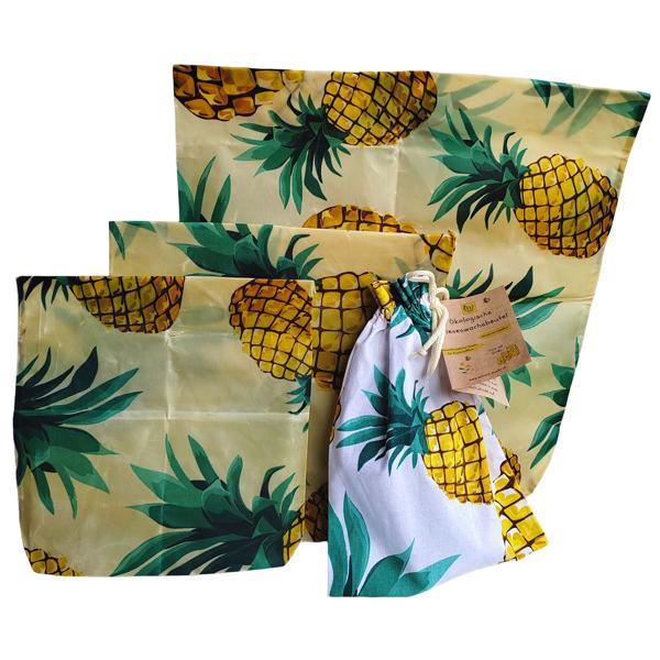 Premium 3er Bienenwachsbeutel Ananas Design - Nachhaltige Lebensmittelaufbewahrung - Wiederverwendbar, Antibakteriell, 3 Grössen - Gelb-Natur
