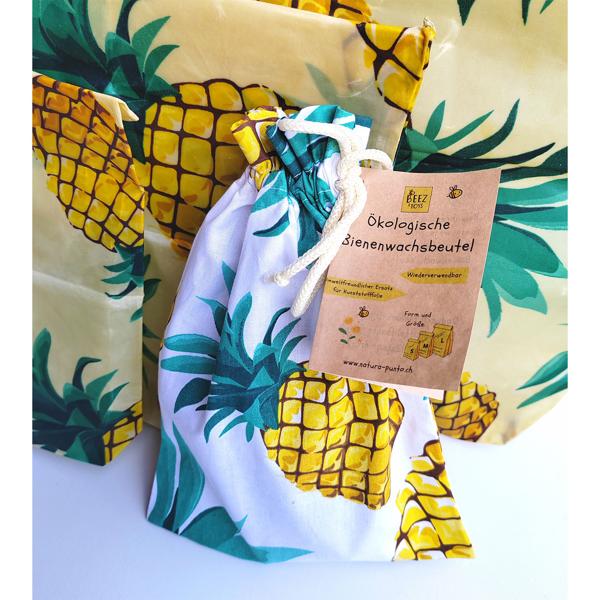 Premium 3er Bienenwachsbeutel Ananas Design - Nachhaltige Lebensmittelaufbewahrung - Wiederverwendbar, Antibakteriell, 3 Grössen - Gelb-Natur