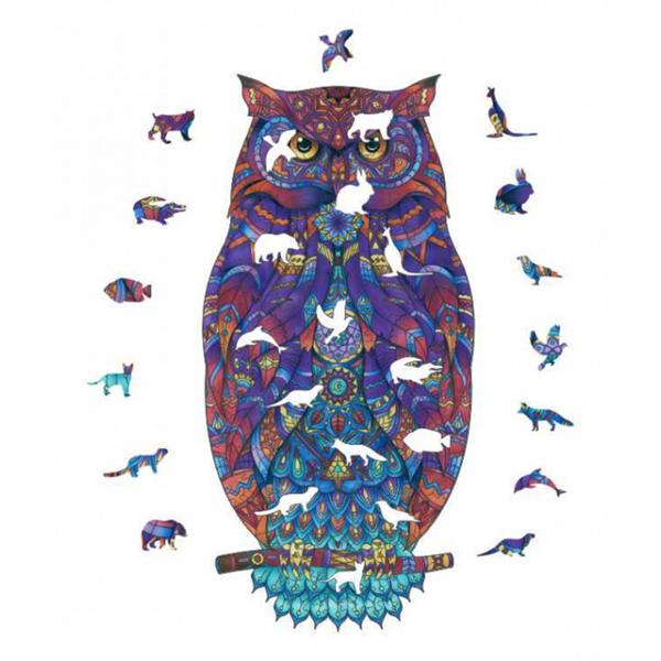 Holzpuzzle Eule 235 Teile - Buntes Tierpuzzle trainiert Geduld & Konzentration - HDF-Material 24x49cm - Mit Tier-Extras für Erwachsene