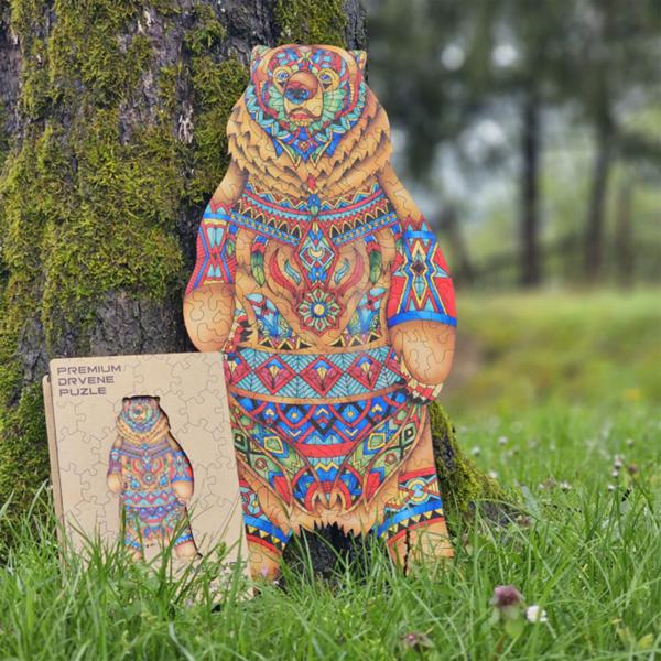 Buntes Holzpuzzle Bär 157-Teile - Schillerndes Tier-Puzzle - Fördert Konzentration & Kurzzeitgedächtnis - 25x50cm - Inkl. Tier-Extras