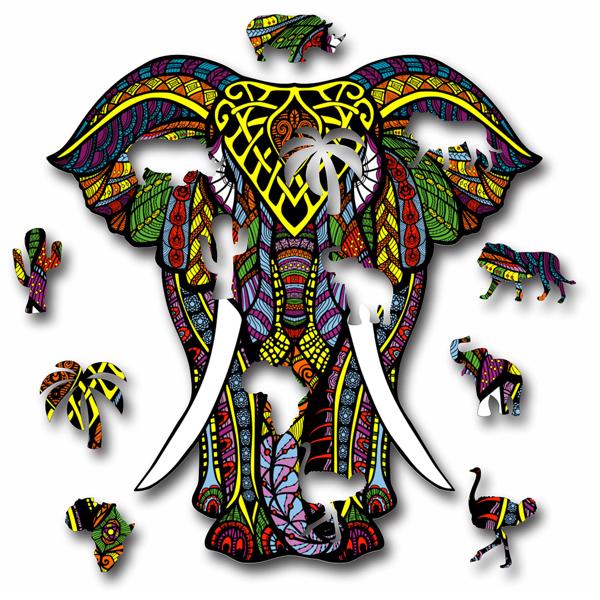 Holzpuzzle Elefant - Farbenprächtiges Tier-Puzzle 97 Teile - Fördert Konzentration & Kurzzeitgedächtnis - Inkl. Tier-Extras - HDF 30x30cm