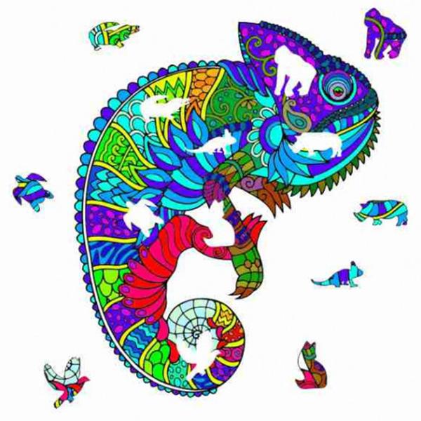 Buntes Holzpuzzle Chamäleon - 171 Teile Tier-Puzzle mit Tier-Extras - Schillernde Farben & Hand-Augen-Koordination - 30x36cm - HDF