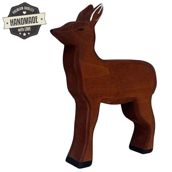 Holztier Reh - Handgefertigt, nachhaltig mit Bio-Ölen poliert - 11x13x2,5 cm - Fördert Fantasie & Spielspass - Lindenholz aus Serbien - Für Kinder & Krippe