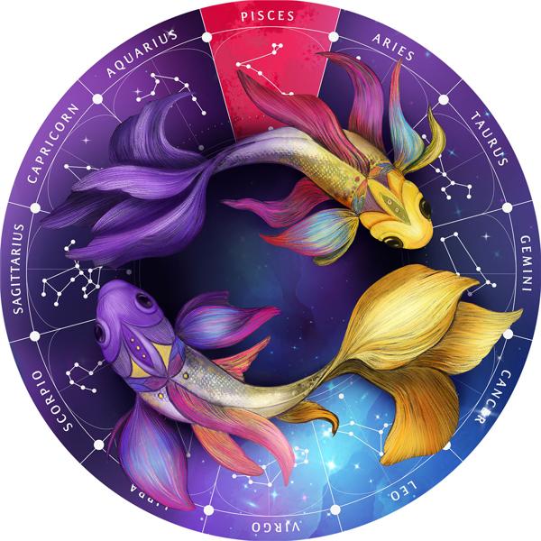 Sternzeichen Holz Puzzle Fische - 180 Teile - Horoskop Ø 24 cm - Entspannung - Gedächtnistraining - Geschenk - Birkenholz - Tierkreiszeichen