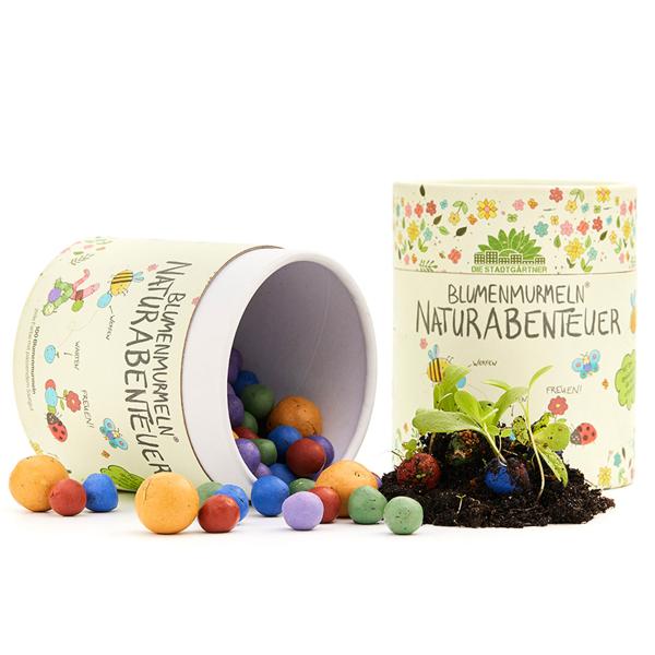 Blumenmurmeln Naturabenteuer - 100er Set Wildblumen-Mischung für blühenden Garten - Handgefertigt, inkl. Saatgut & Anleitung - Unterstützt Insektenvielfalt