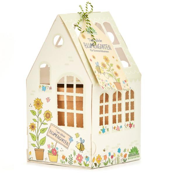 Gewächshäuschen-Set Sonnenblumen - Anzuchtset mit Deko-Gartenhäuschen, Pflanzgefäss, Substrat, Bio-Saatgut & Anleitung - Für Kinder & Erwachsene