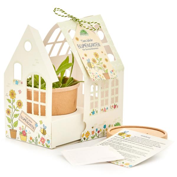 Gewächshäuschen-Set Sonnenblumen - Anzuchtset mit Deko-Gartenhäuschen, Pflanzgefäss, Substrat, Bio-Saatgut & Anleitung - Für Kinder & Erwachsene