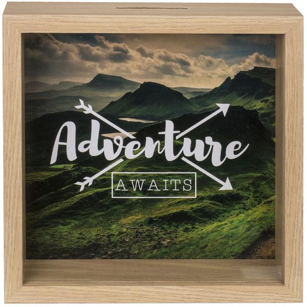 Reise-Spardose ’Adventure awaits’ aus Holz - Spardose für Geldgeschenk zu Hochzeit Geburtstag Abitur Weltreise - Modernes Design aus MDF/Kunststoff