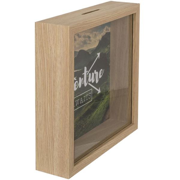 Reise-Spardose ’Adventure awaits’ aus Holz - Spardose für Geldgeschenk zu Hochzeit Geburtstag Abitur Weltreise - Modernes Design aus MDF/Kunststoff